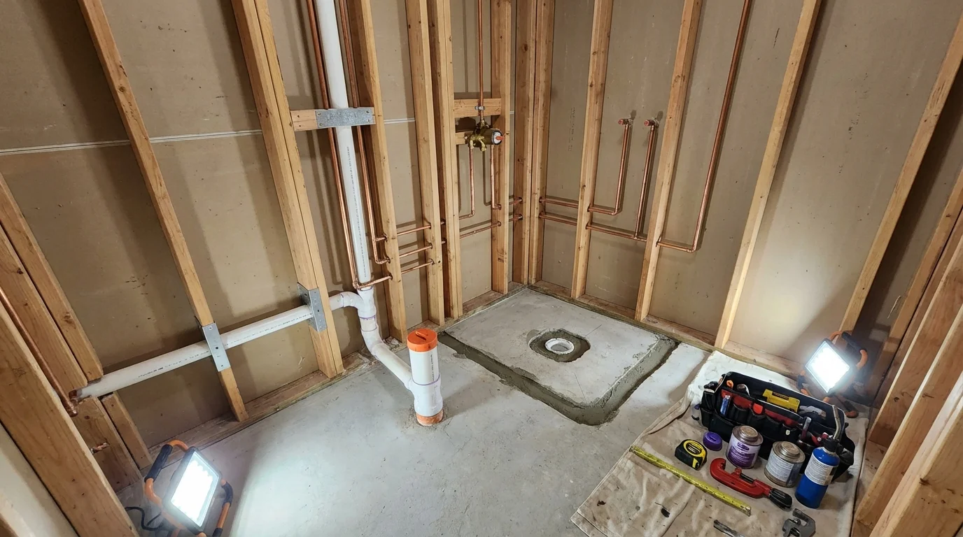 Bathroom rough-in plumbing during remodel by Johns Plumbing LLC in Battle Creek