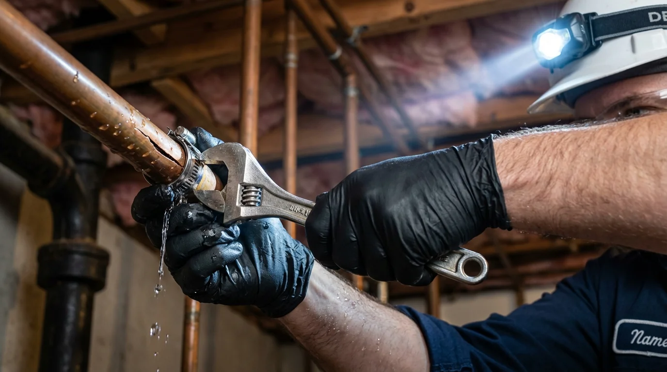 Emergency pipe clamp repair being performed by a Johns Plumbing LLC plumber in Battle Creek