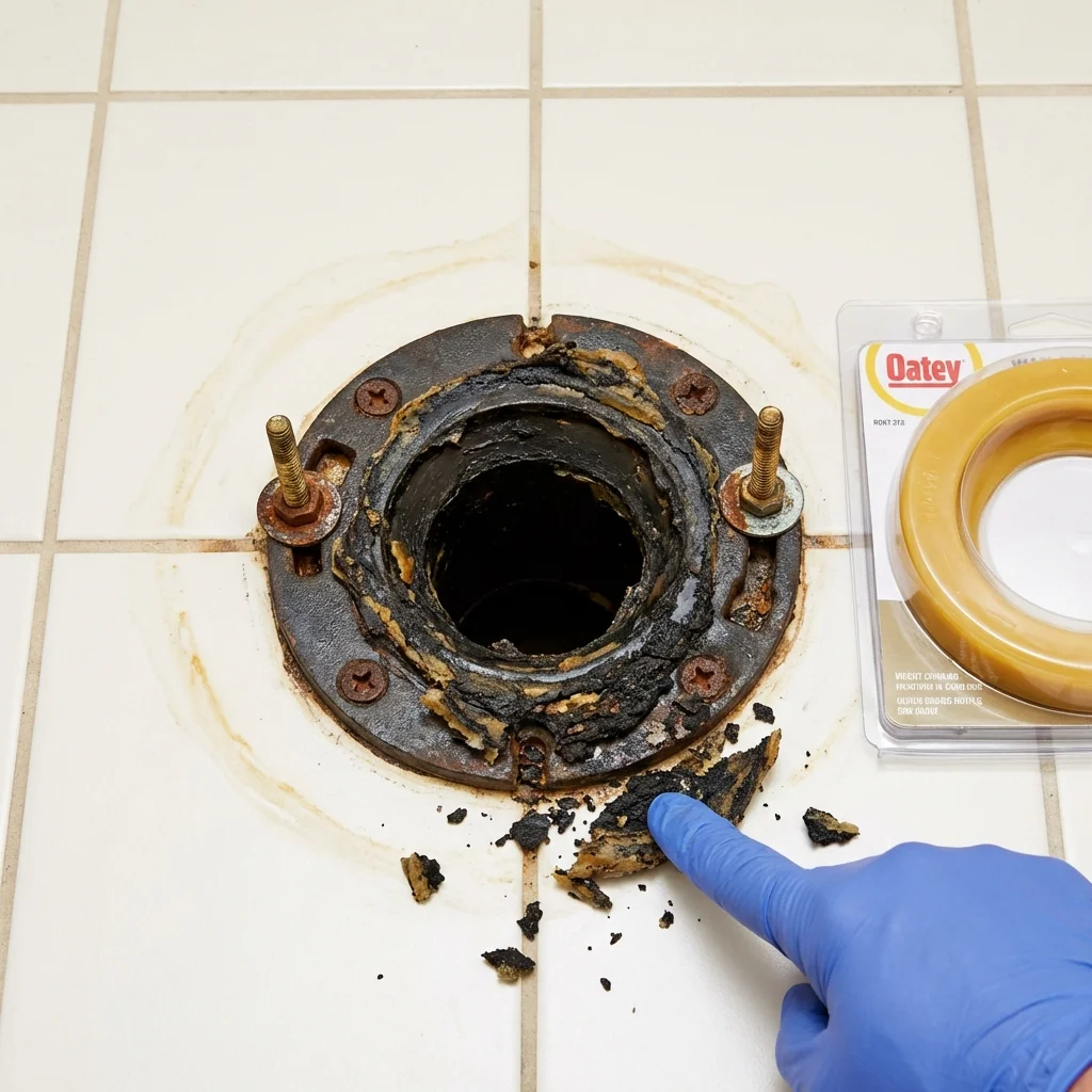 Failed wax ring showing water seepage at the base of a toilet in a Battle Creek, NE home