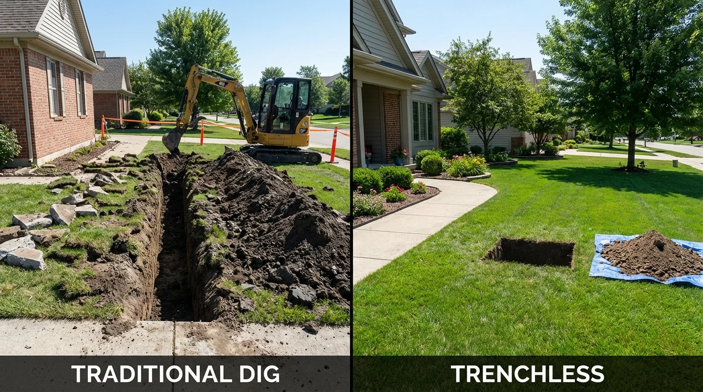 Trenchless sewer repair with minimal yard damage versus traditional excavation in Battle Creek, NE