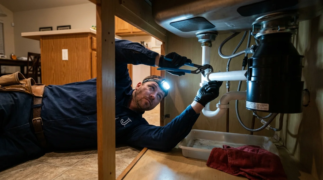P-trap and supply line connections under a kitchen sink showing a common leak point in Battle Creek, NE